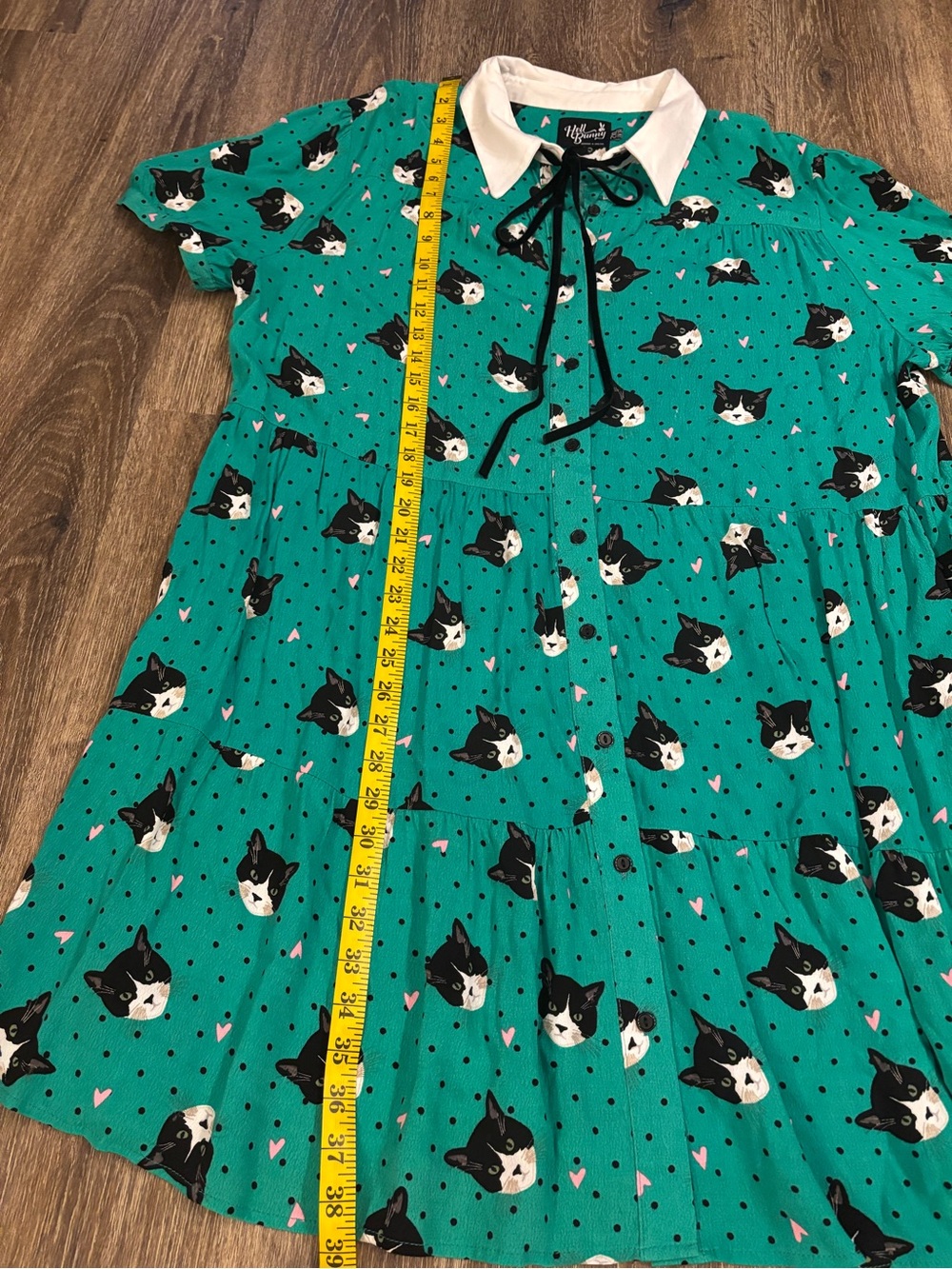 Hell Bunny Love Cat Face Lady Mini Dress White Collar Black Bow Smocked Teal 2XL - Picture 7 of 10